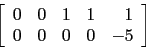 \begin{displaymath}\left[
\begin{array}{rrrrr}
0 & 0 & 1 & 1 & 1 \\
0 & 0 & 0 & 0 & -5 \\
\end{array}\right]\end{displaymath}