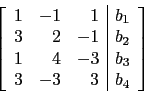 \begin{displaymath}\left[
\begin{array}{rrr\vert c}
1 & -1 & 1 & b_1 \\
3 & ...
...1 & 4 & -3 & b_3 \\
3 & -3 & 3 & b_4 \\
\end{array}\right]\end{displaymath}