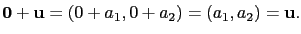 $\displaystyle \mathbf{0}+\mathbf{u}=(0+a_1,0+a_2)=(a_1,a_2)=\mathbf{u}.$