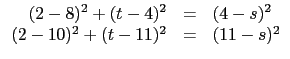 $\displaystyle \begin{array}{rcl}
(2-8)^2+(t-4)^2 &=&(4-s)^2\\
(2-10)^2+(t-11)^2 &=& (11-s)^2\\
\end{array}$