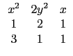 $\displaystyle \begin{array}{ccc}
x^2 & 2y^2 & x \\
1 & 2 & 1 \\
3 & 1 & 1 \\
\end{array}$