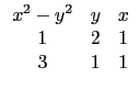 $\displaystyle \begin{array}{ccc}
x^2-y^2 & y& x \\
1 & 2 & 1 \\
3 & 1 & 1 \\
\end{array}$