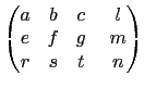 $\displaystyle \begin{pmatrix}
a&b&c\,\,&l\\
e&f&g\,\,&m\\
r&s&t\,\,&n
\end{pmatrix}$