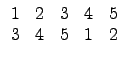 $\displaystyle \begin{array}{ccccc} 1 & 2 & 3 & 4 & 5 \\  3 & 4 & 5 & 1 & 2 \\  \end{array}$